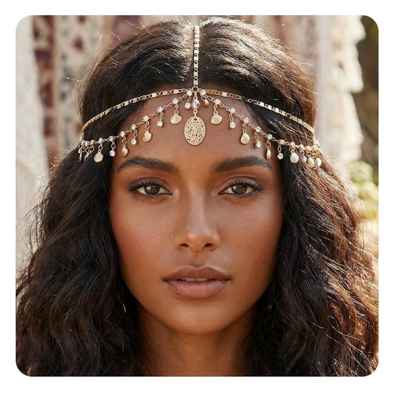 DESIGNICE Gold Head Chain Shells Rhinestone Egyptian Headpiece Gold Genie Head Jewelry for Women Girls Goddess, Boho Headpiece Egyptian Hair Accessories for Festival Prom Wedding