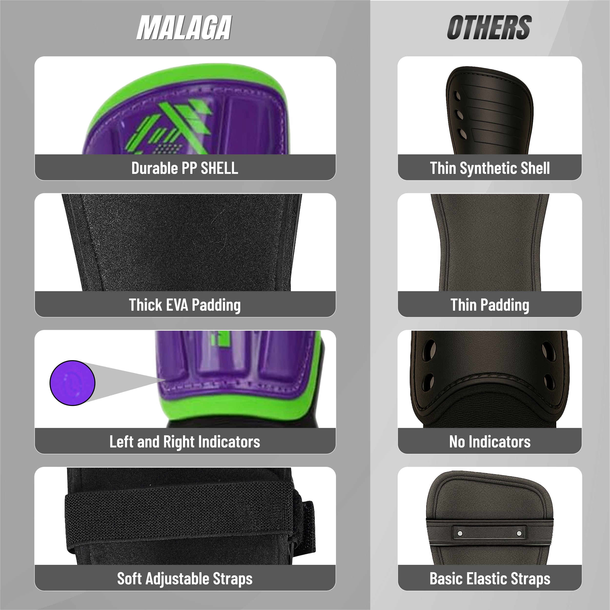 Vizari Malaga Shin Guards with Ankle Protection for Kids, Youth, and Adults | Lightweight Soccer Pads for Boys and Girls Ages 3+ - PURPLE/GREEN, L