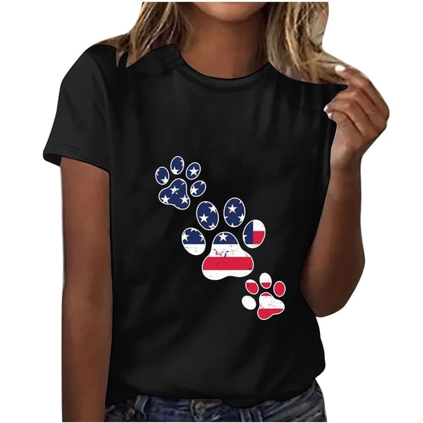 Camisetas de Manga Corta para las Mujeres, Blusa de Manga Corta de la Moda Del Día de la Independencia Hecha de Poliéster Cómodo para la Primavera Verano, Blusas de Manga Corta para las Mujeres