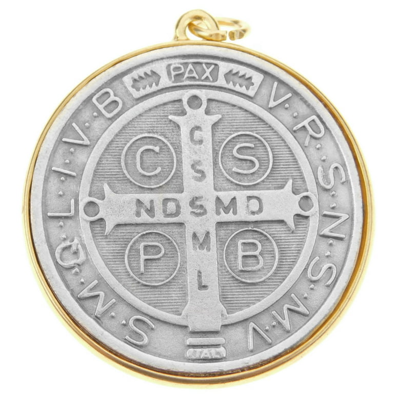 Medalla De San Benito 48mm Christian Medal Saint St Benedict Italy 2-Tone  Catholic Medallion Pendant