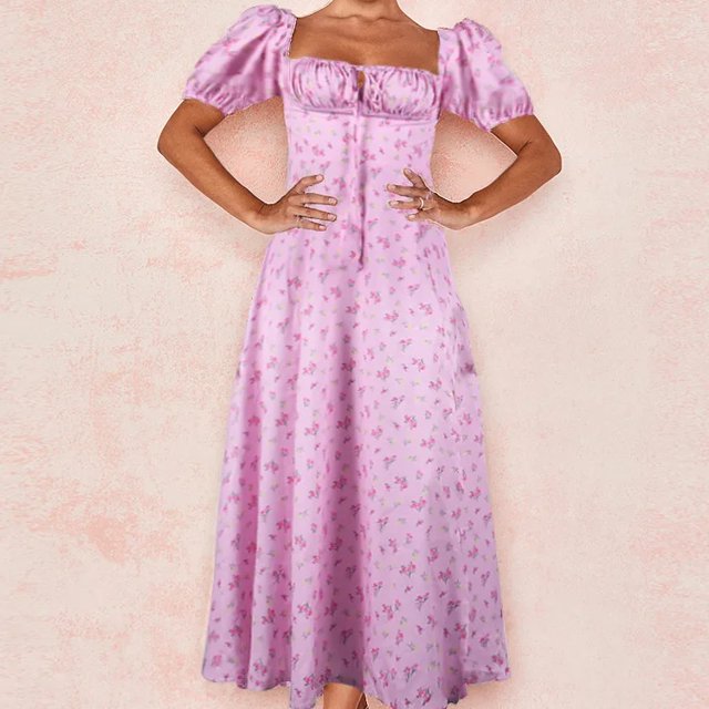Nuevo vestido transfronterizo con estampado Floral para mujer, estilo francés, sin espalda, ajustado, con cuello Halter, largo hasta la rodilla, manga corta, cintura imperio