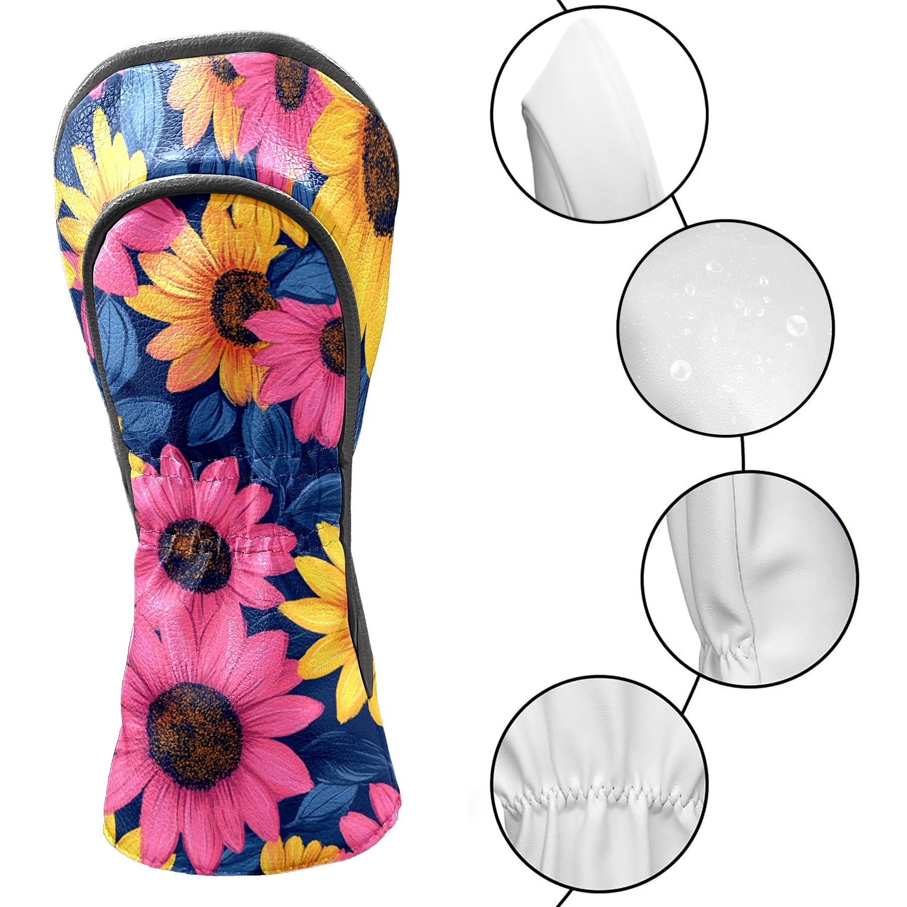 Golf Head Covers Sunflower Pattern for Driver, Wood & Hybrid, Premium Waterproof PU Leather with Plush Lining, Cheerful Floral Golf Gifts