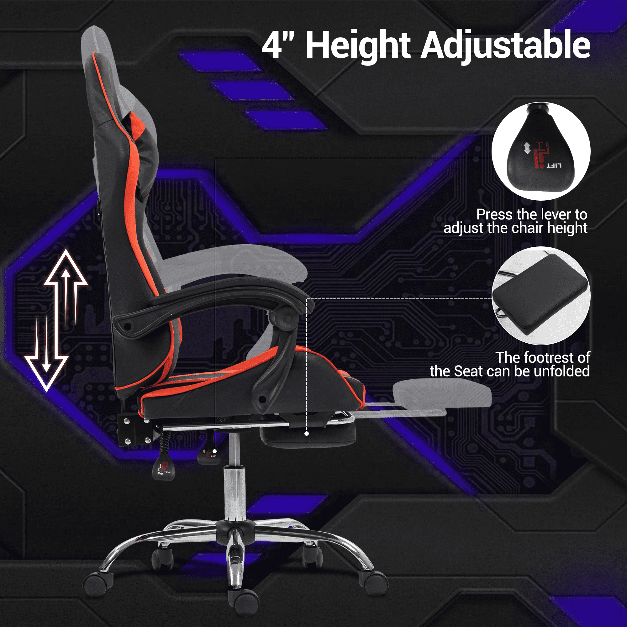 WENTUM Gaming Chair with Massage Lumbar Support - Ergonomic Video Game Chair for Adults, Adjustable Headrest & Footrest, 90-135° Recline, 360° Swivel, Red