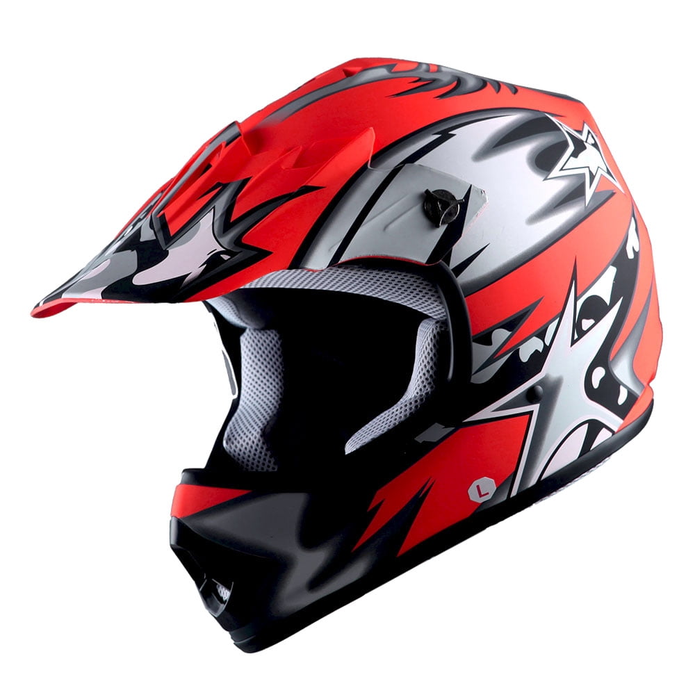 1Storm Youth Motocross Helmet BMX MX ATV Dirt Bike Helmet HBOY Matt Star Red + Goggles + MG Youth Red Glove Bundle