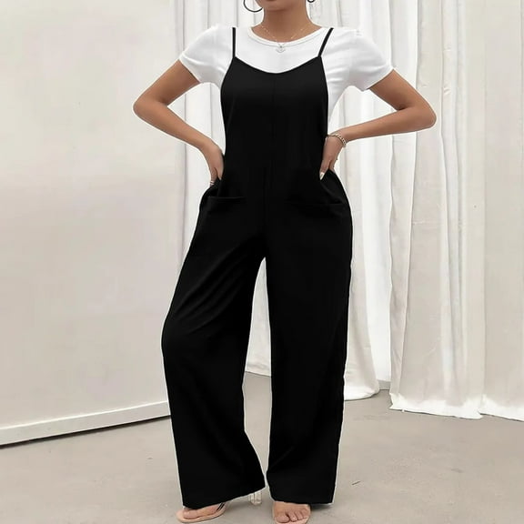 FNFYFH Jumpsuits for Women Casual Summer Overalls Sleeveless Spaghetti Strap Romper Jumpers Trendy Beach Vacation Outfits