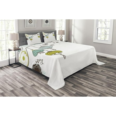 Chinese Quilt Lantern Bedspread Set, Abstract Expression of Coming of New Year in China Vibrant Colors, Decorative Quilted Coverlet Set with Pillow Shams Included, Apple Green Sky Blue White, by Ambesonne ()