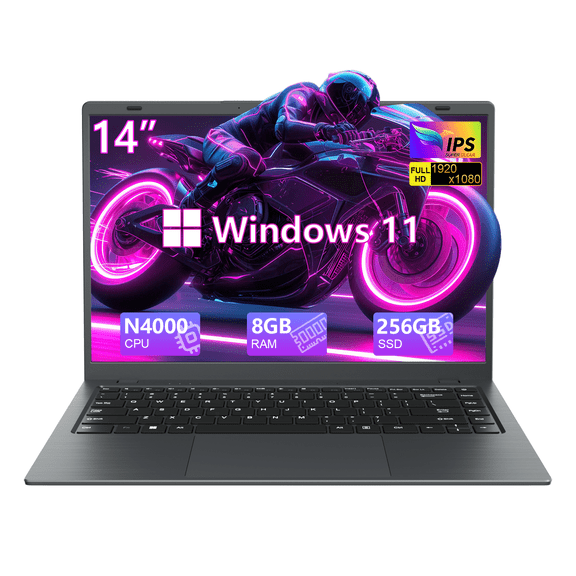 RNRUO 14 inch Laptop Intel N4000 8GB RAM 256GB ROM 1080p Display Lightweight 5000mAh Battery Windows 11 Netbook for Kids Beginner