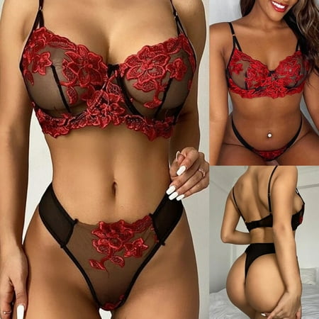 

Huachen Two-piece Women s Sexy Mesh Underwear See-through Lace Embroidered Bra Red/L