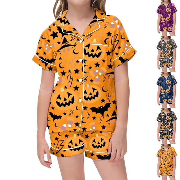 LRen Halloween Gifts 2‑Piece Halloween Pajamas Set for Teen,Cute Print Button‑Up Short Sleeve Top & Shorts Pjs Sleepwear Outfit