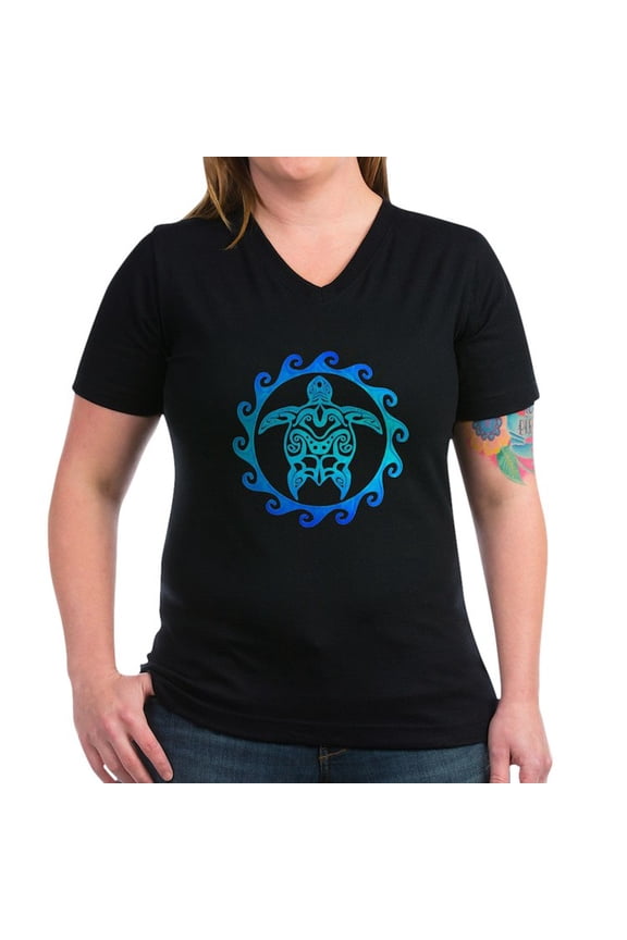 - Blue Tribal Turtle Sun T Shirt - Women's V-Neck Dark T-Shirt