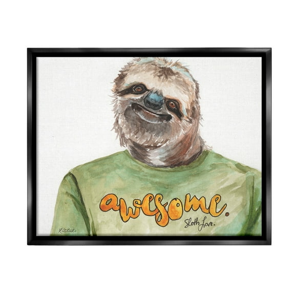 Stupell Industries Sloth with Awesome Shirt Animals & Insects Painting Black Floater Framed Canvas Art Print Wall Art, 21 x 17