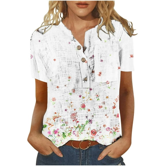 Wenini Womens Tops Dressy Casual Casual Loose Button Down Linen Pullover Tops with Pocket Short Sleeve Round Neck Shirts Sunflower Print Summer Blouse White XL