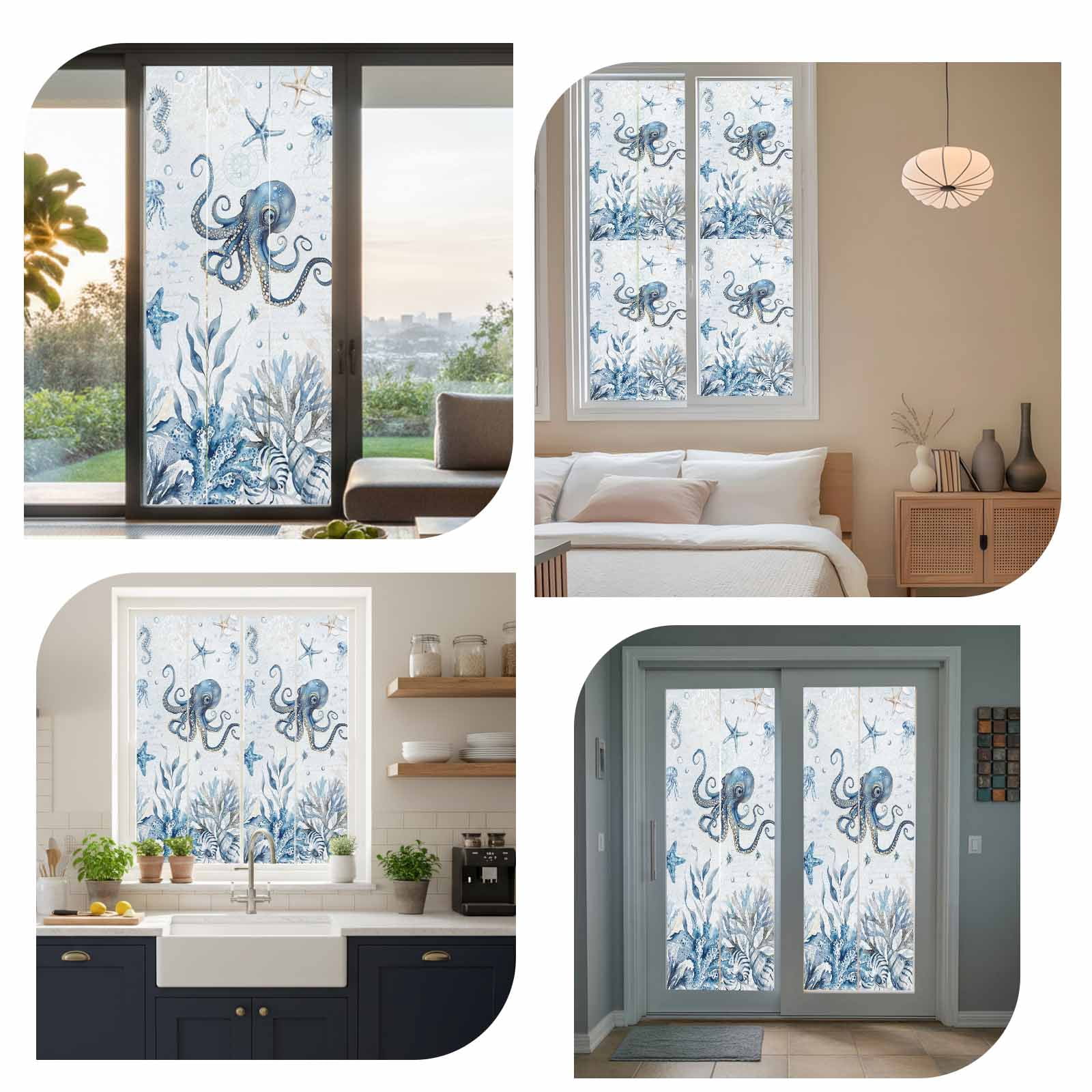 Blue Marine Life Window Privacy Film, Ocean Octopus Coral Sea Star Seashell Jellyfish Coastal Frosted Glass Window Clings Static Cling UV Heat Blocking Reusable Sticker for Bedroom 17.7x78.7 Inch