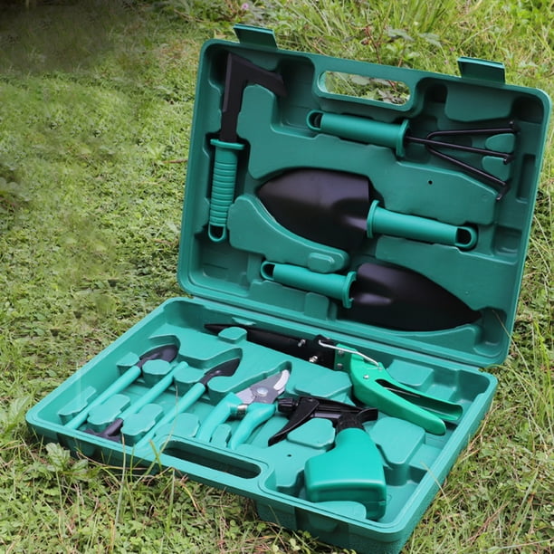 Ganfancp Set de Herramientas de Jardinería 10 Herramientas de Mano de Jardinería de Acero Inoxidable Mango Ergonómico Espátula Rastrillo Escardador Tijeras de Podar Pulverizador Herramientas de Mano