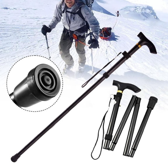 Foldable Walking Stick Travel Cane Aluminum Alloy Adjustable Height - Black