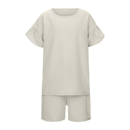 Girls Clothes 8-9 Years Round Neck Ruffle Short Sleeve Top Shorts Spring Summer Clothes