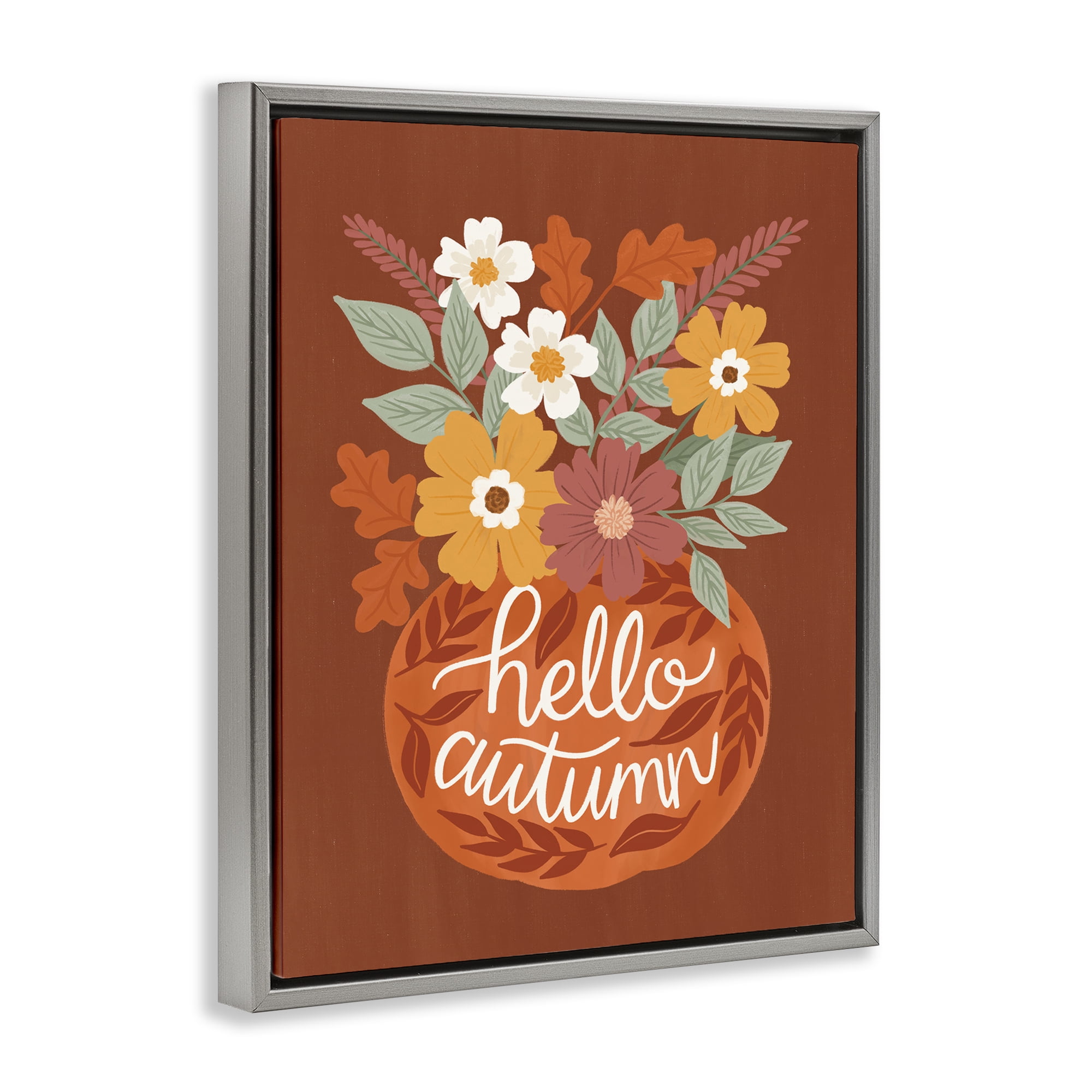 Stupell Industries Hello Autumn Earthy Bouquet Plants & Flowers Painting Gray Floater Framed Canvas Art Print Wall Art, 17 x 21