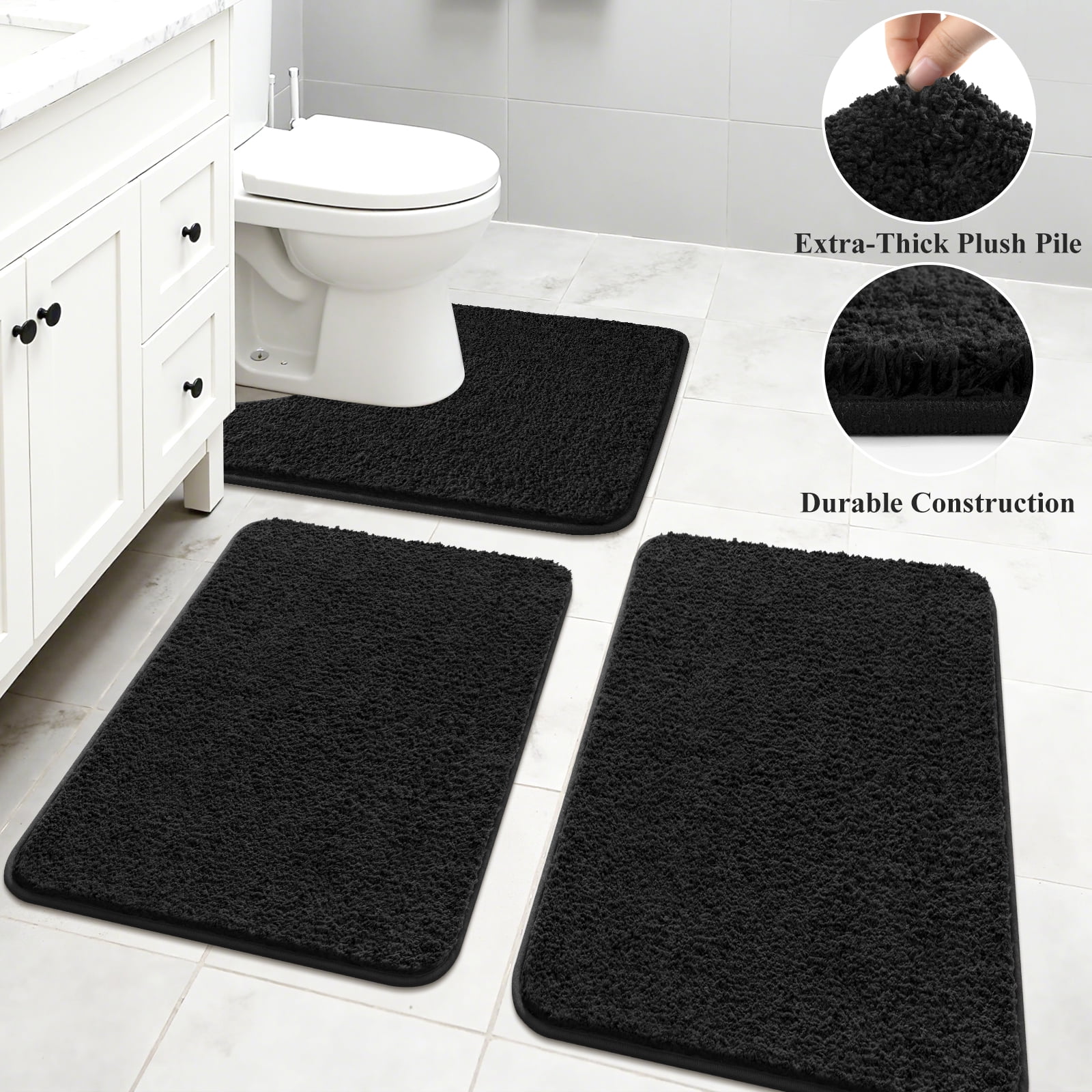 ‌Ileading 16-Piece Shower Curtain Set with Rugs, Waterproof Waffle Shower Curtain & Soft Non-Slip Bath Rugs with 12 Hooks, Black Bathroom Sets