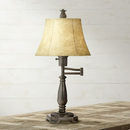 Old Bronze Swing Arm Lamp (Regency Hill Traditional Accent Table Lamp Swing Arm Bronze Metal Faux Leather Bell Leather Shade for Living Room Family)
