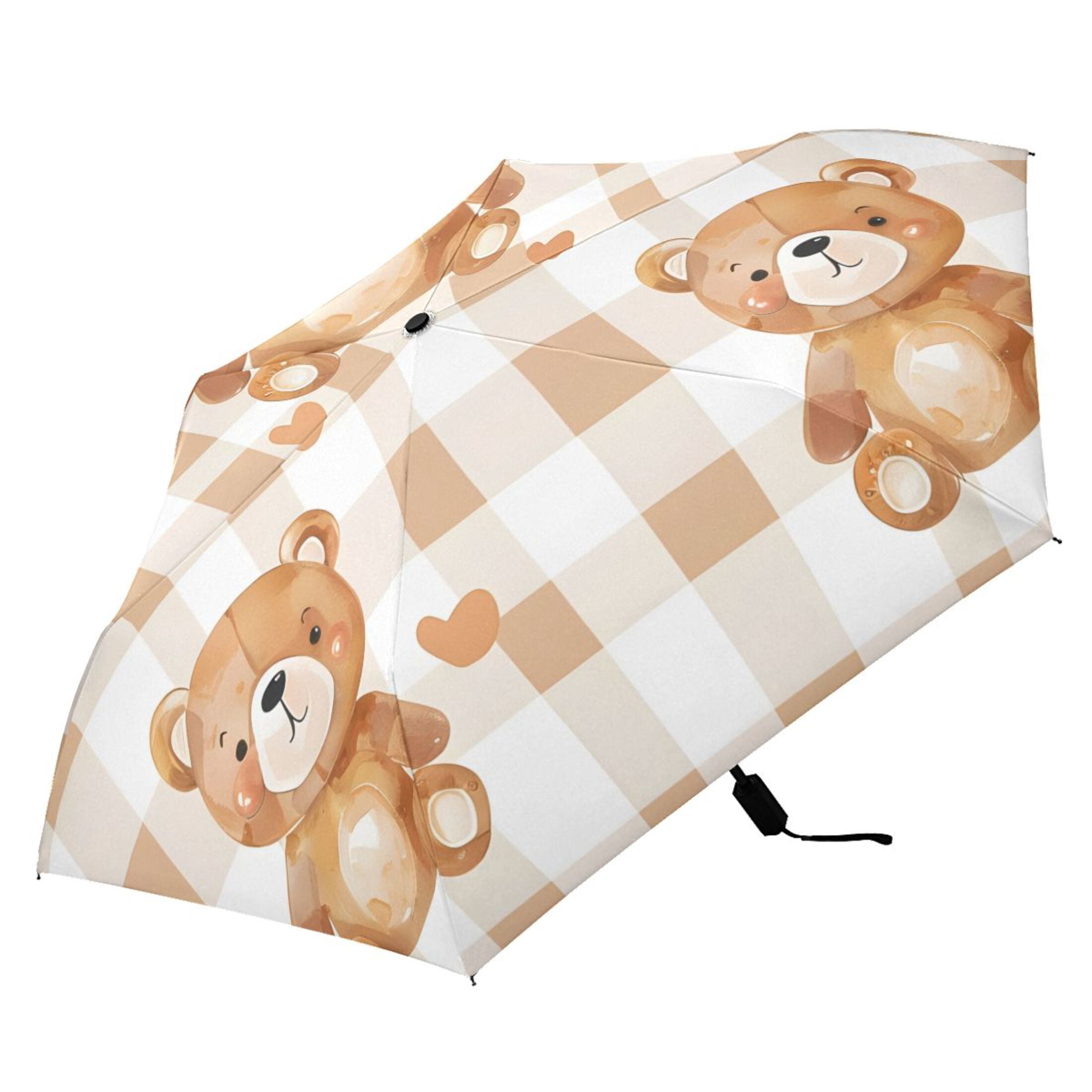 Cute Cartoon Bears with Hearts All Weather Umbrella Triple Folding Parasol 6 Ribs UV Protection Portable