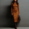 thumbnail image 3 of Women's Pleated Velvet Super Long Dress Long Sleeve High Neck Tight Long Dress Fashion Solid Color for Winter Elegance and Formal Events,Brown,L, 3 of 6