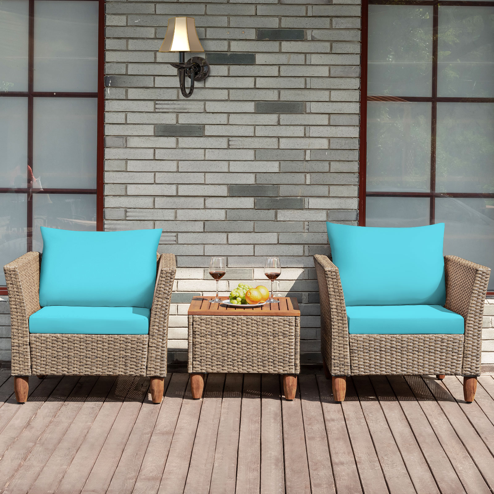 Patiojoy 3 Piece Outdoor Rattan Sofa Set Wicker Conversation Furniture Set with Turquoise Cushions - image 3 of 9