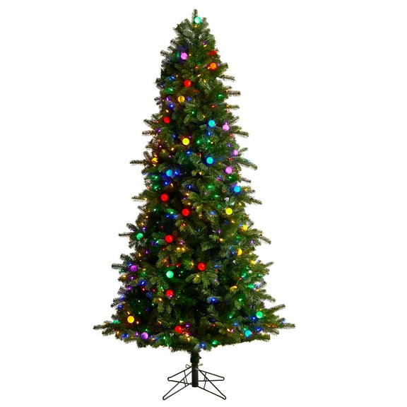 Nearly Natural 7.5ft. Montana Mountain Fir Artificial Christmas Tree with 650 Multi Color LED Lights and Instant Connect Technology, 60 Globe Bulbs and 1402 Bendable Branches