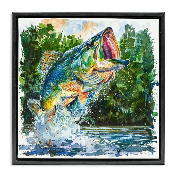 Stupell Industries Splashing Bass Fish Animals Painting Black Floater Framed Canvas Art Print Wall Art, 18 x 18