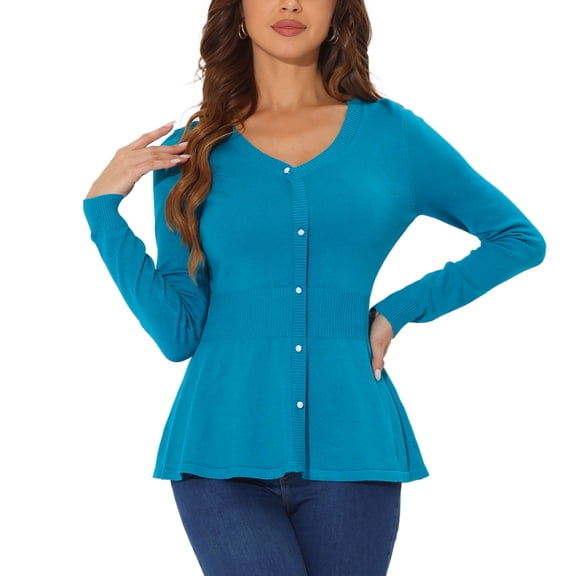 INSPIRE CHIC Women's V Neck Peplum Sweater Ribbed Knit Long Sleeve Casual Pullover Peacock Blue S
