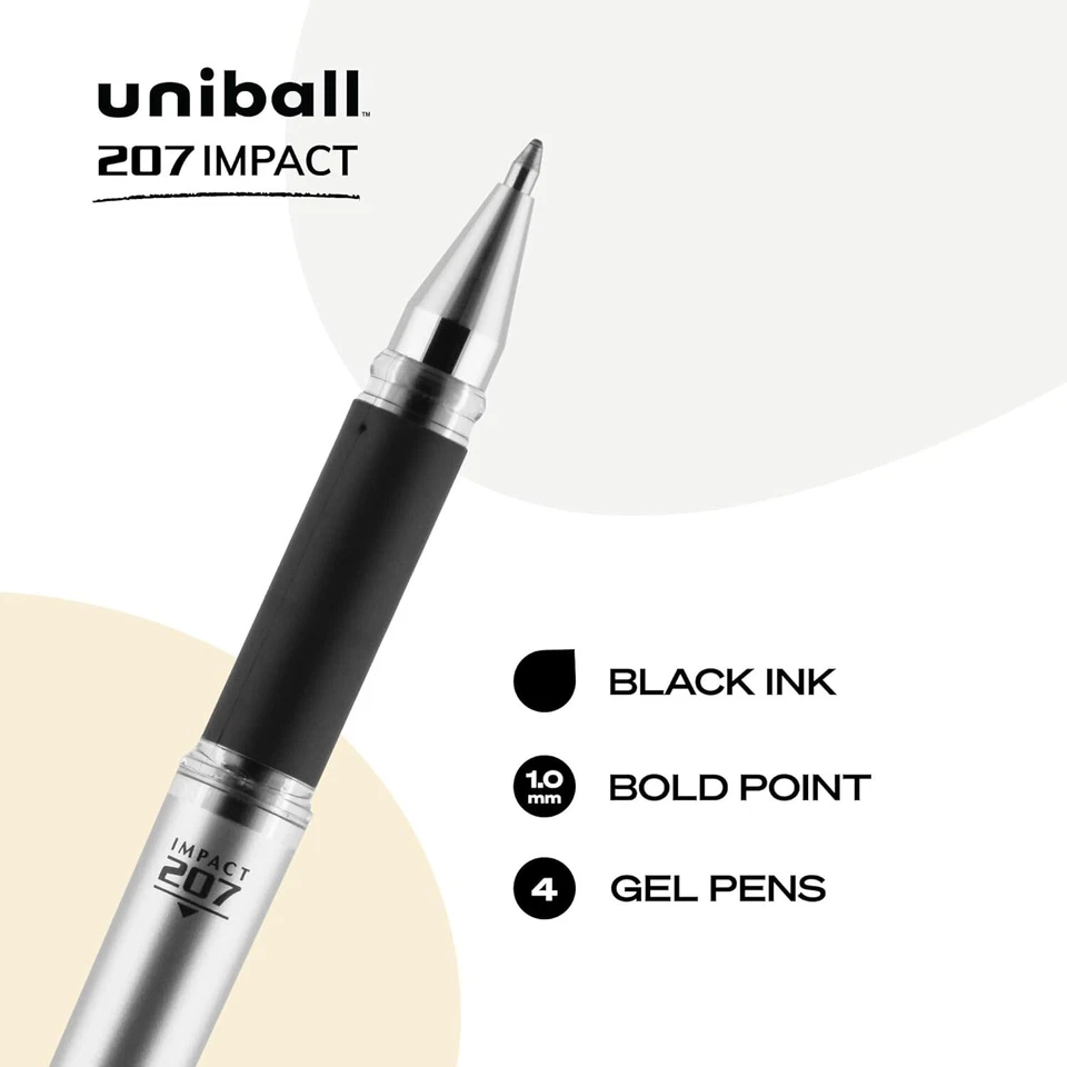 CIRCLE- Uniball 207 Impact 4 Pens Black Gel Ink Bold Point 1.0Mm Signo Archival