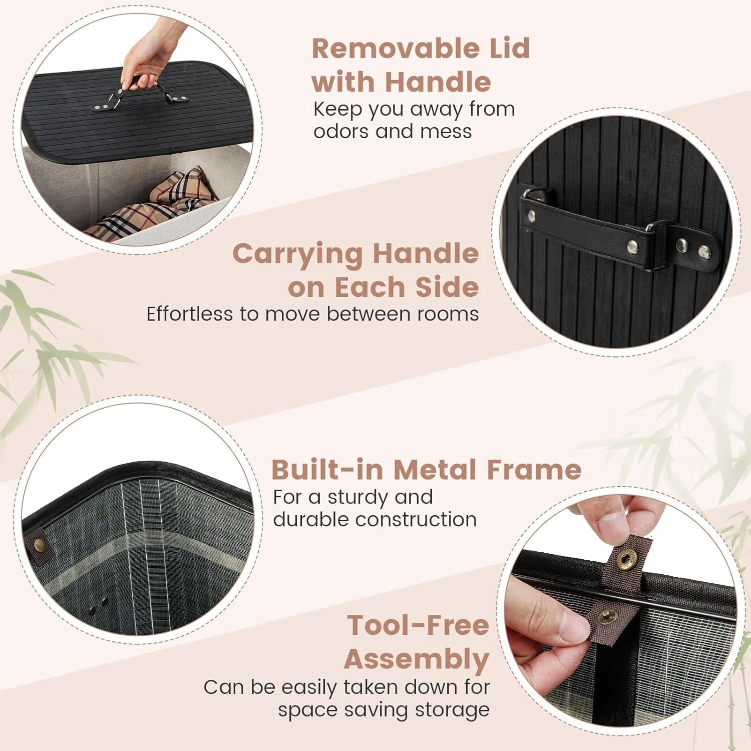 Bamboo Laundry Hamper with Lid, 72L Large & Tall Clothes Hamper with Removable Liner & Handles, Rectangular Laundry Basket for Small Spaces, Laundry Room, Bedroom (Black)