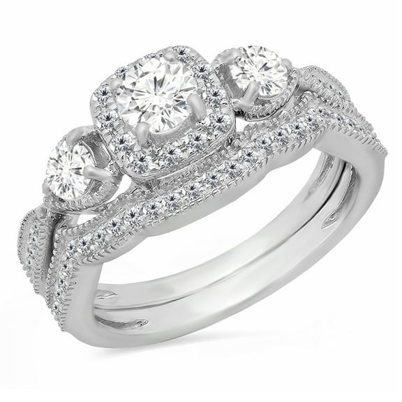 Dazzlingrock Collection 1.10 Carat (Ctw) 14K White Diamond 3 Stone Halo Bridal Engagement Ring Set 1 CT, White Gold, Size 7