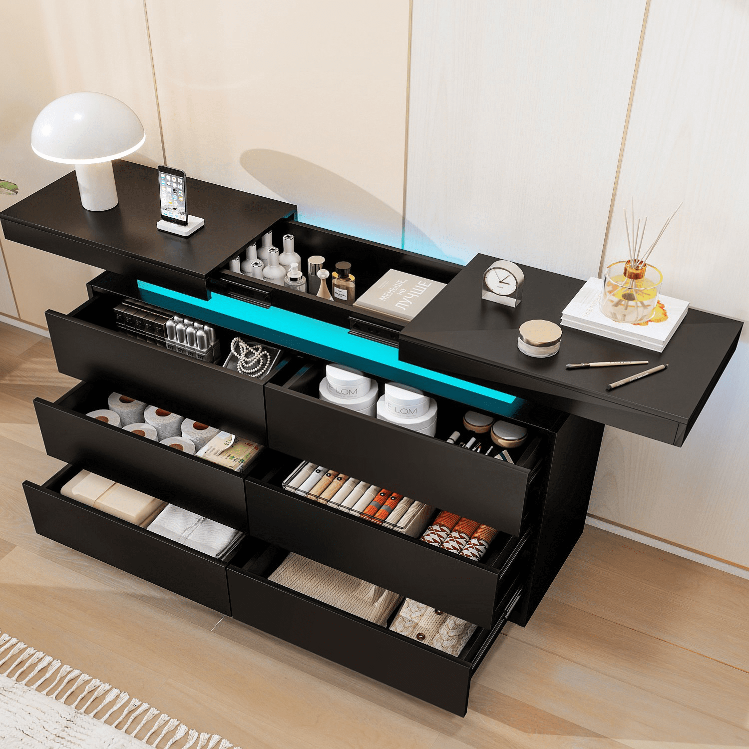 Black 6 Drawer Dresser with Sliding Top, LED Lights & Charging Station - Spacious Chest of Drawers for Bedroom, Entryway, or Hallway Storage
