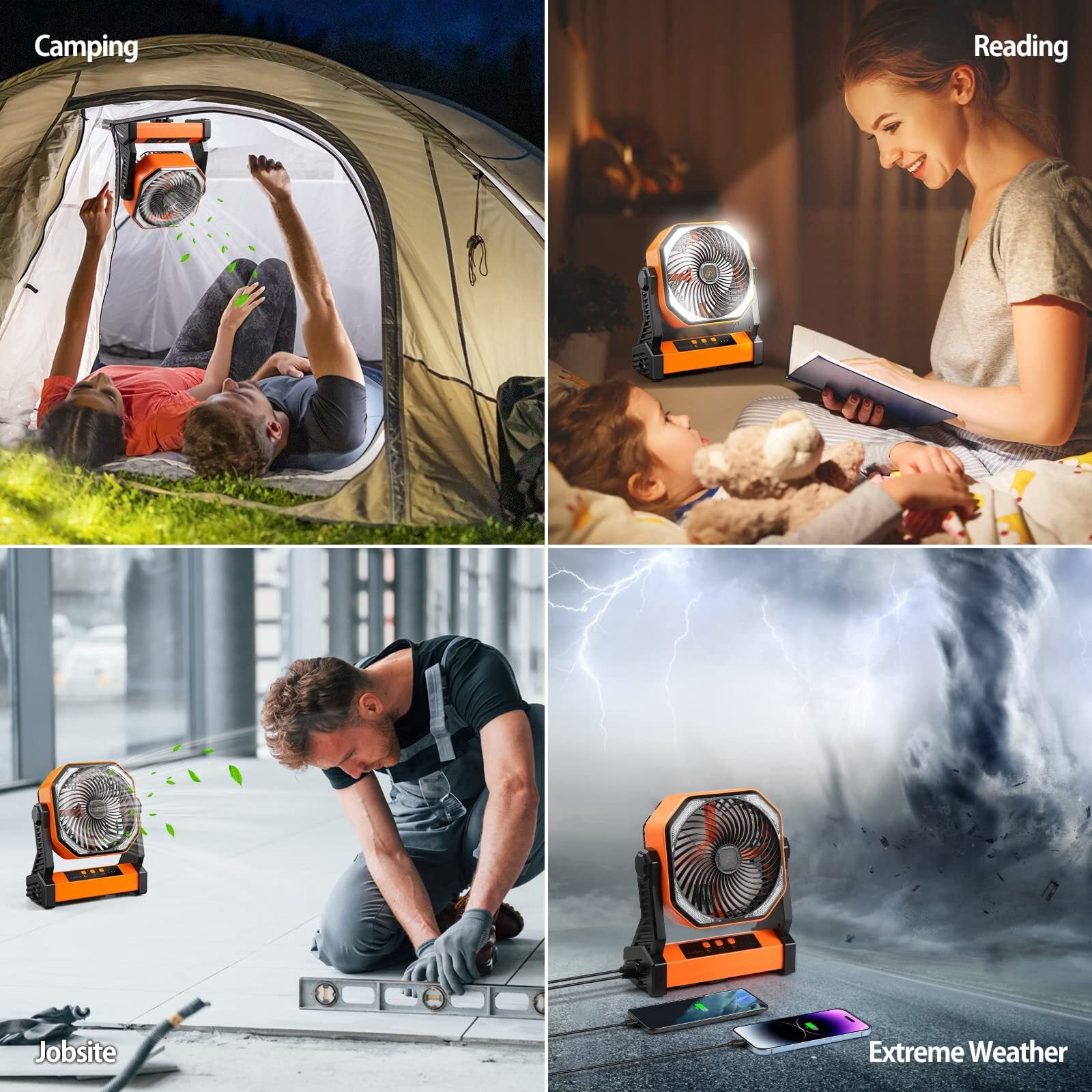 20000mAh Battery Powered Fan, Portable Rechargeable Desktop/Camping Fan with Light and Hook, 270° Rotation 4 Speed ​​Battery Powered Outdoor Fan for Tent, Car Travel, Sleeping, Hurricane,