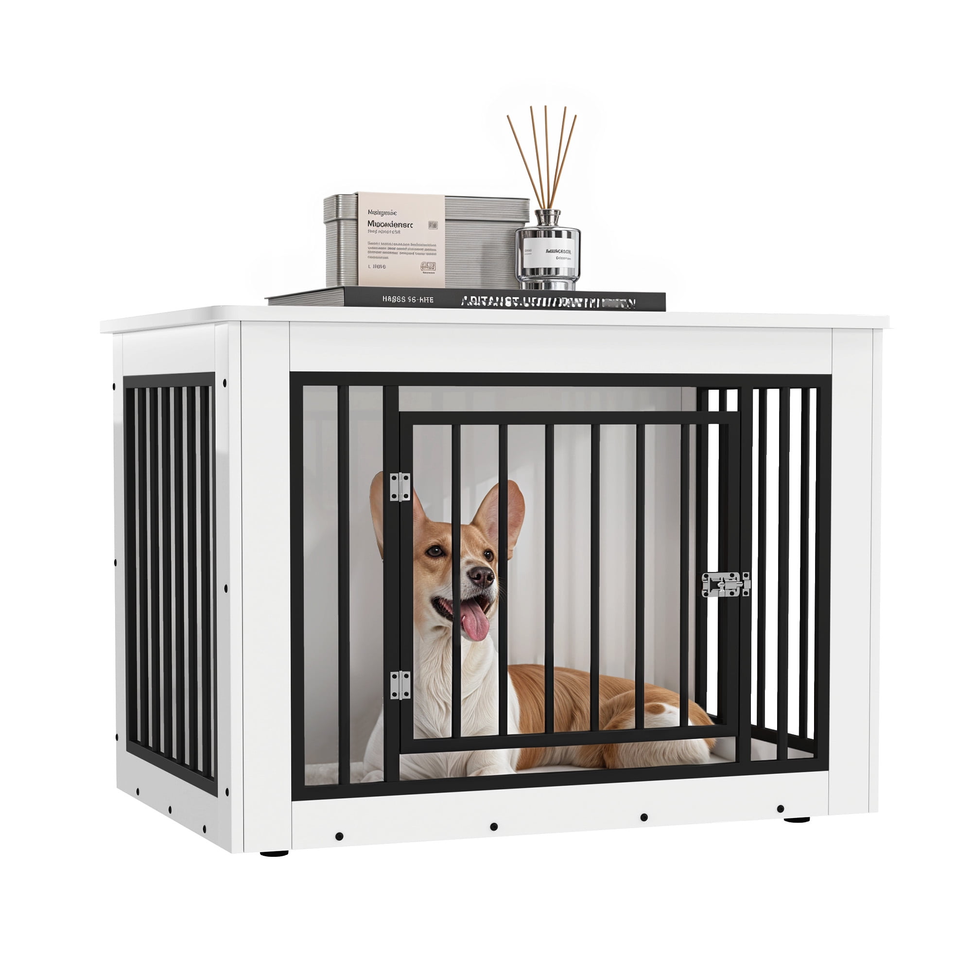 ModFusion 38" Iron and Wood Dog Cage Furniture – Stylish Pet Crate, End Table & TV Stand (Indoor Furniture)