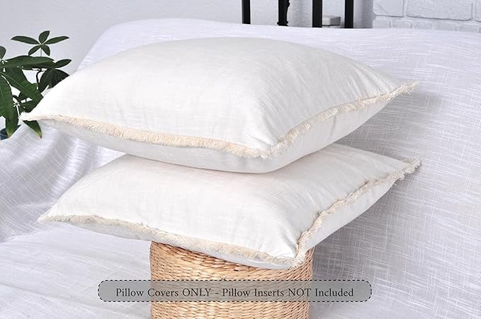 22×22 Cream White Decorative Fringe Organic Cotton Throw Pillow Covers Boho Farmhouse Cushion Cover with Tassels Linen Like Textured Accent Pillowcases for Bed Couch Chair Sofa Living Room Set of 2