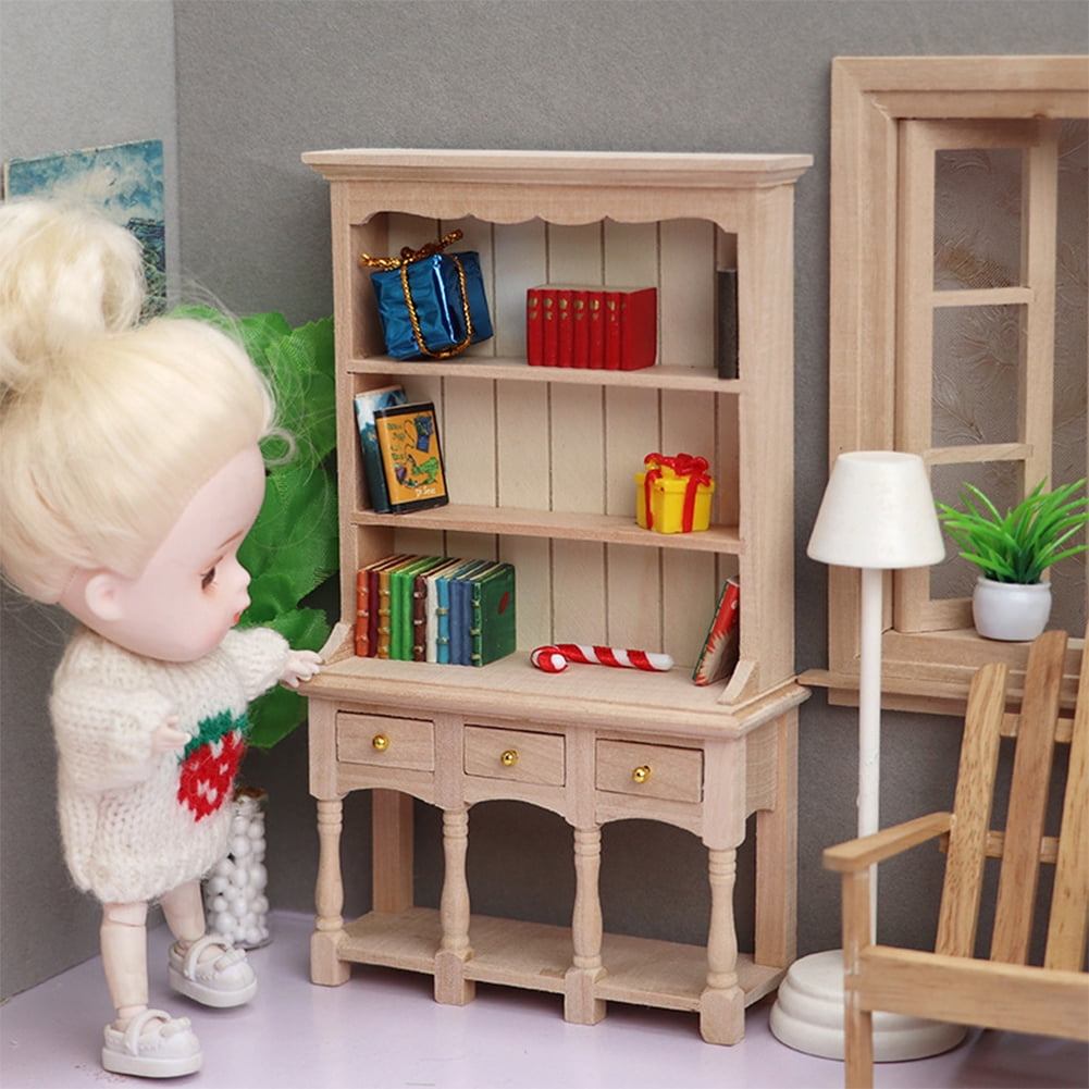 wirlsweal Play Pretend Toys Dollhouse Furniture Mini Bookshelf Wood  Miniature Furniture Study Library Bookshelf Model Micro Landscape Doll  House Supply 