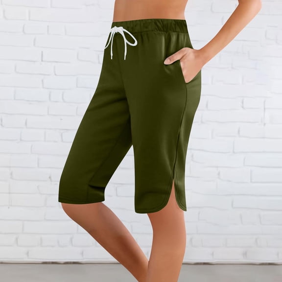Roncen Women's Casual Sporty Cargo Capri Pants - Elastic Waist with DNatural​​string, Split Hem & Functional Pockets