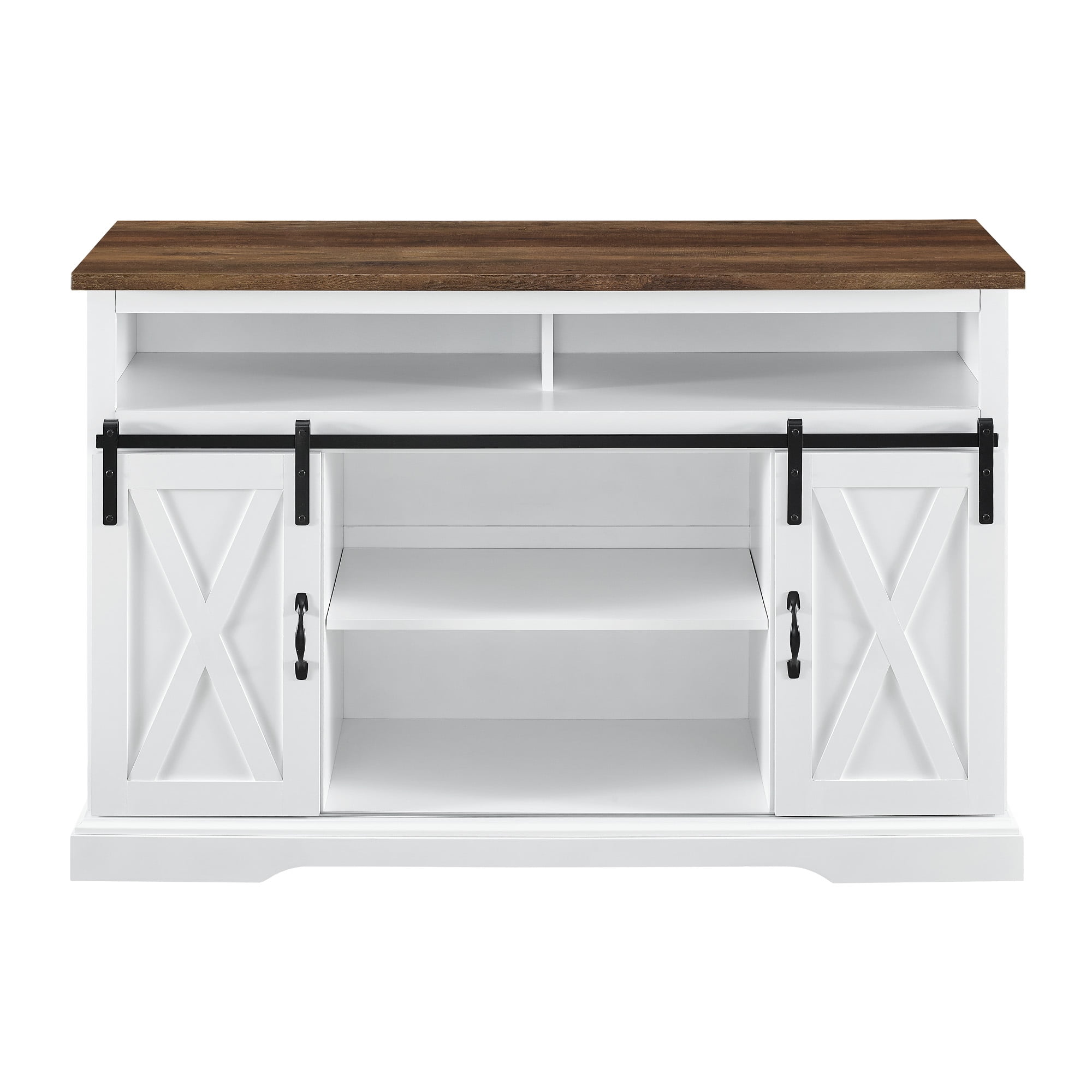 Walker Edison Farmhouse Barn Door TV Stand for TVs up to 60", Solid White & Rustic Oak