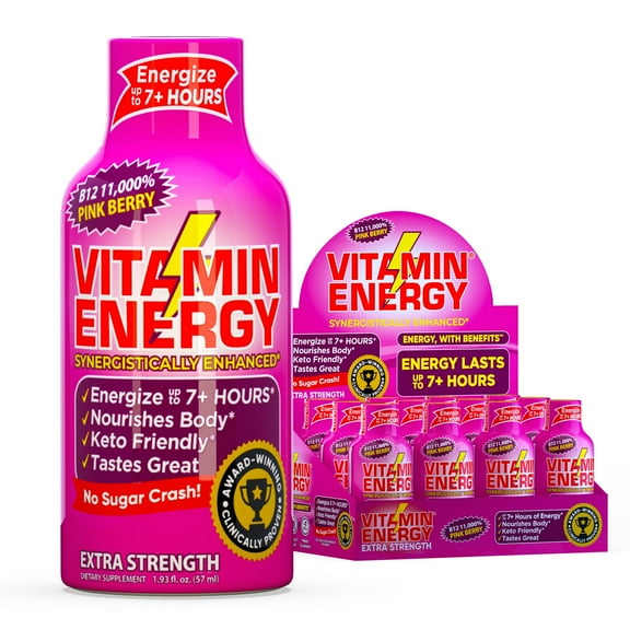 Vitamin Energy B12 Extra Strength Shot, Pink Berry, 12 Pack – 260mg Natural Caffeine, 11,000% DV B12 & B6, Zero Sugar, 1.93 fl oz