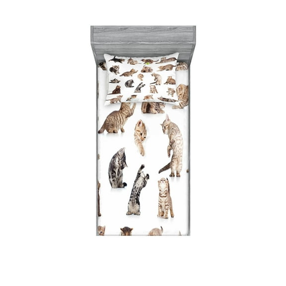 Ambesonne Cat Fitted Sheet & Pillow Sham Set, Funny Playful Cats Image, Twin, Brown Black White