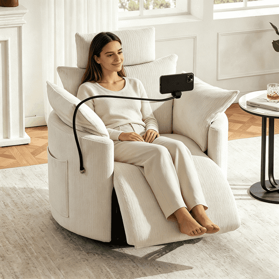 HAOMINS Recliner Chair, 360° Swivel Chenille Rocking Chair with Adjustable Backrest and Footrest Phone Holder for Living Room, Reading Room, Indoor