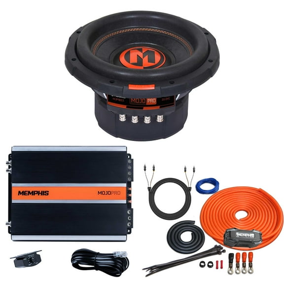 Memphis MJP1022 MOJO Pro Series 10" Subwoofer With Dual 2-ohm Voice Coils with a MJP1000.1 1000W Monoblock Amplifier and Memphis 4 ga Wire Kit