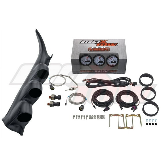 MaxTow | 2000-2006 Chevy Silverado 6.6 Duramax Graphite Triple Gauge Pillar Pod with White & Green Double Vision Series 60 PSI Boost Gauge, 1500 F EGT Pyrometer & 30 PSI Fuel Pressure Gauge