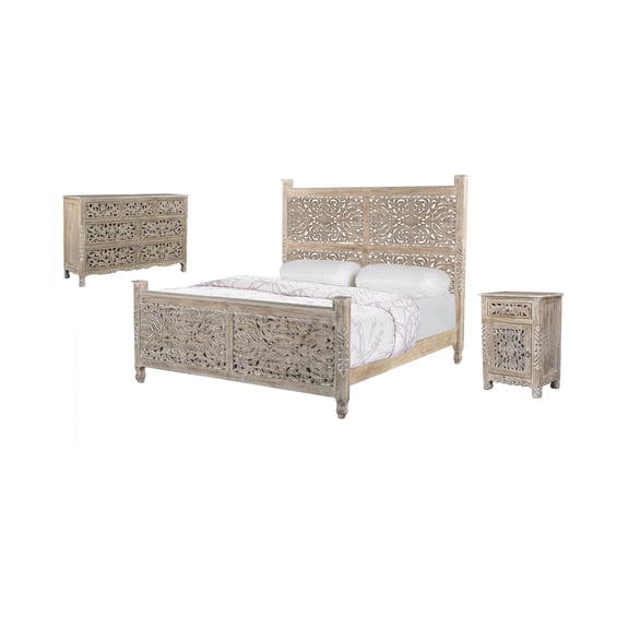 Taran Designs Monte 3-piece Floral Carved Solid Wood Bedroom Set in Gray