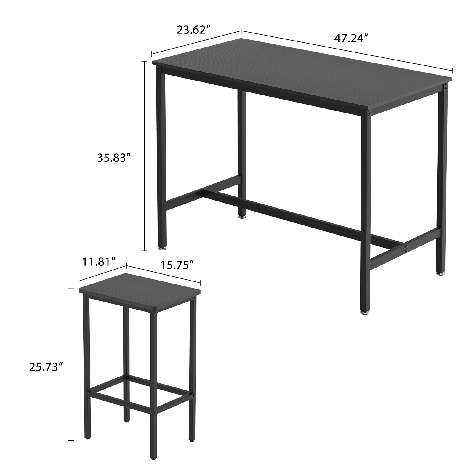 3 Piece Bar Table and 2 Chairs Set Counter Height Dining Set, Black