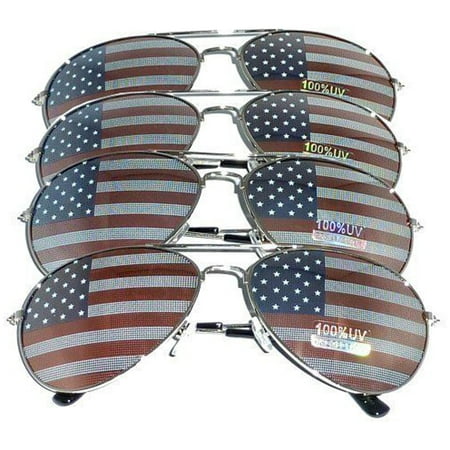 4 PAIRS of Silver Frame US Aviator USA American Flag Print Sunglasses United States Patriot