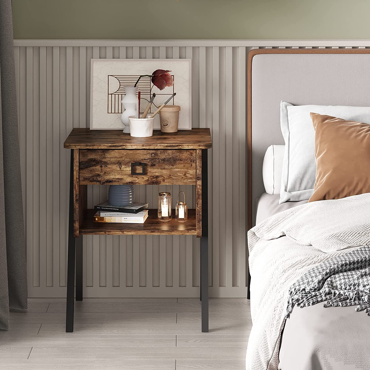 Bestier Industrial NightStand with Drawer and Shelf for Bedroom Side