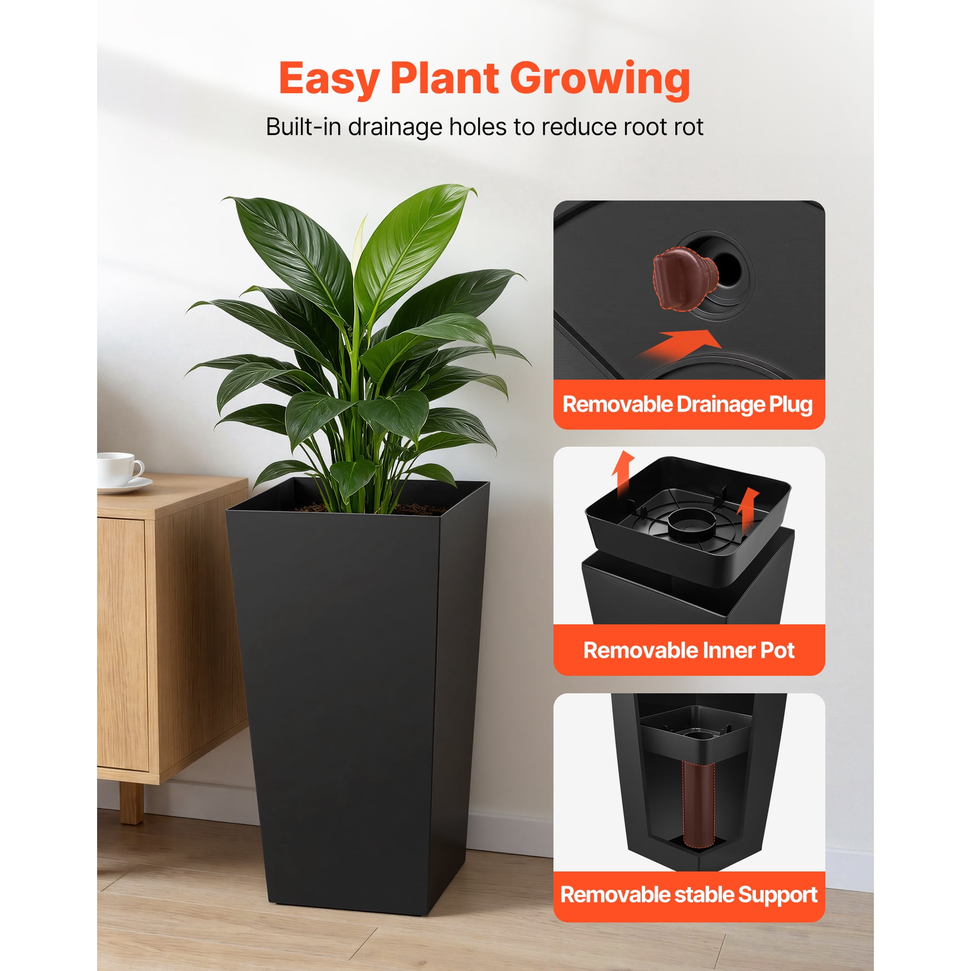 KFFKFF Set of 2 Tall Planters, 30in Large Tapered Pots for Indoor and Outdoor Plants, Modern Plastic Flower Containers with Wheels, Inner Pot, and Drainage Holes for Patio, Garden, Black