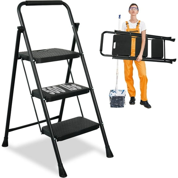 3 Step Ladder, Protable Steel Folding Stool with Wide Anti-Slip Pedal, 500lbs Sturdy Steel Ladder, Black